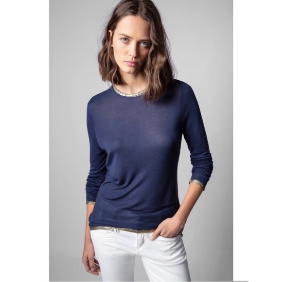 NWOT Zadig & Voltaire Willy Foil T-Shirt Navy Long Sleeve Silver Foil Tee, XS - Picture 5 of 14